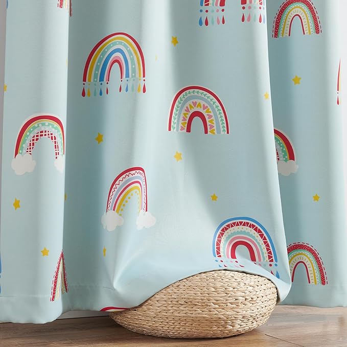Vangao Easter Boho Girls 100% Blackout Curtains Pastel Blue for Kids Room 63 Inch Length, Rainbow Window Drapes for Living Room Nursery Thermal Insulated Room Darkening Bedroom Grommet 2 Panels