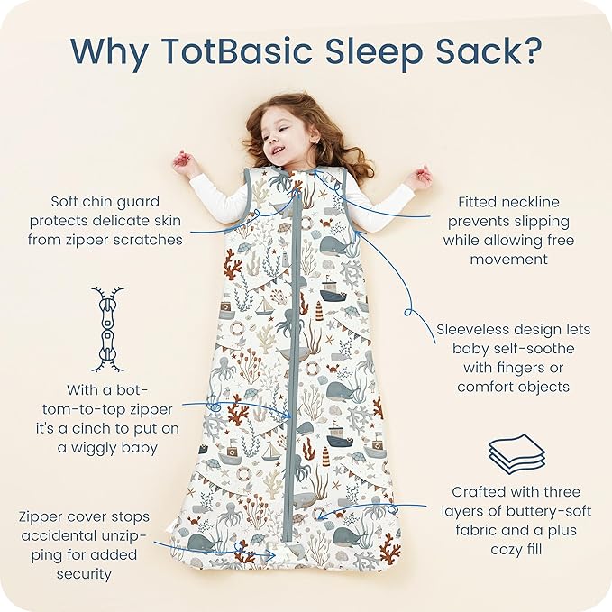 TOTBASIC 1.0 TOG Sleep Sack 6-12-15 Months, Baby Sleep Sack with Sleeveless, Cozy Premium Baby Wearable Blanket with 2-way Safe Zipper All Season Sleeping Bags, 1-pack