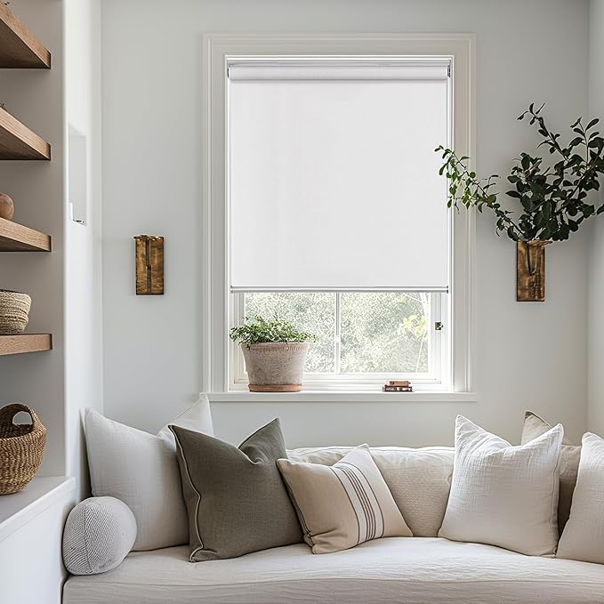 ChrisDowa Cordless 100% Blackout Roller Shade, with Striped Jacquard, Thermal Insulated, UV Protection Fabric, Total Blackout Blinds for Window, French Doors, Home and Office.White, 24" W x 72" H