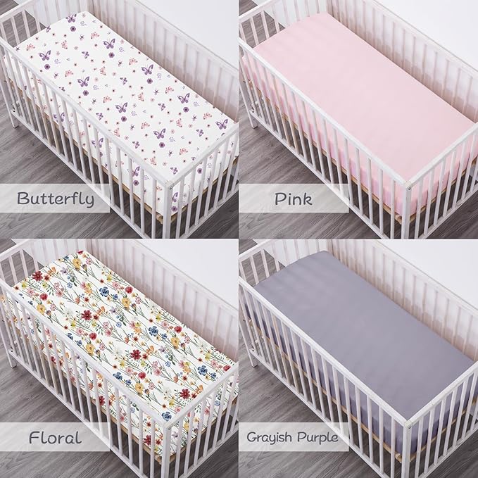 Bimocosy Crib Sheets 4 Pack, Baby Crib Sheets Fitted for Boys and Girls Breathable & Snug Fit, Soft Toddler Bed Sheets for Standard Crib Mattress Nursery Daycare Essentials, Butterfly Meadow