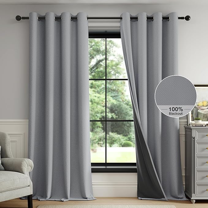 FMFUNCTEX 100% Dark Grey Blackout Curtains for Living Room, Curtains 96 Inches Long Weave Textured Thermal Insulated Curtains for Bedroom, Black Out Drapery Grommet Room Darkening 2 Panels
