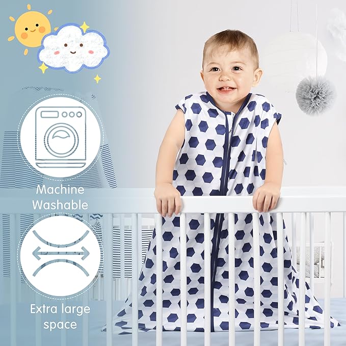 BSTOPPT 3 Pack Baby Sleep Sack 100% Rayon Cotton Baby Sleeping Bag 2-Way Zipper Toddler Wearable Blankets TOG 0.3. (Soccer&Triangles&Blue, 18-24 Months)