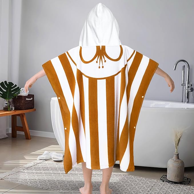 VOOVA & MOVAS Hooded Poncho Towel for Kids (4-8 Years,30"X30") | Soft Absorbent Cotton Towel Robe for Boys & Girls | Versatile Beach, Pool, Swim & Bath Cover-Up | Brown Stripe