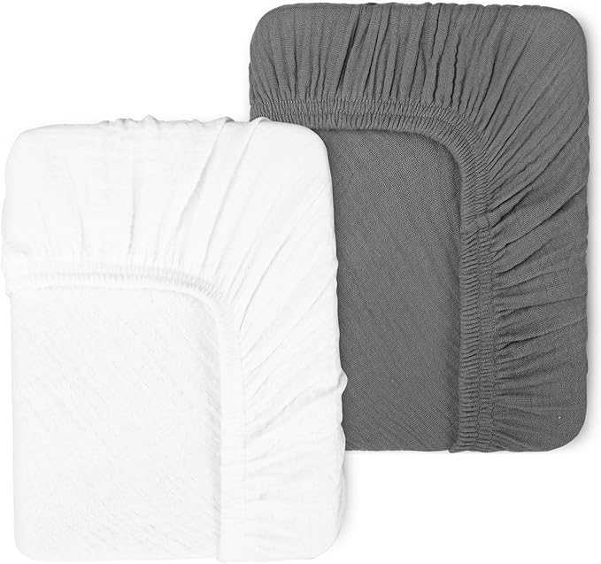 PET REJOIR 2 Pack Muslin Fitted Crib Sheets for Baby Girls & Boys-Neutral Breathable Crib Mattress Protector for Standard Crib Mattress(28"x 52")-Soft No Slip Cotton Toddler Bedding-Gray & White
