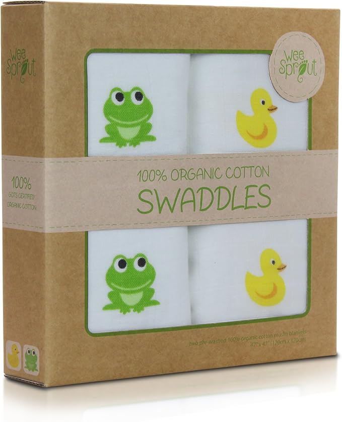 WeeSprout Organic Swaddle Blankets, Set of 2 muslin swaddle blankets, GOTs Certified Organic Cotton, Extra Large 47” x 47” for Easy Swaddling, Breathable Muslin Weave Organic Baby Blanket, Natural Dye