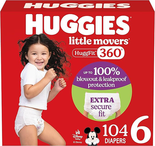 Huggies Size 6 Baby Diapers, Little Movers HuggFit 360° Baby Diapers with 360° Waistband, Size 6 (35+ lbs), 104 Count (2 Packs of 52), Packaging May Vary