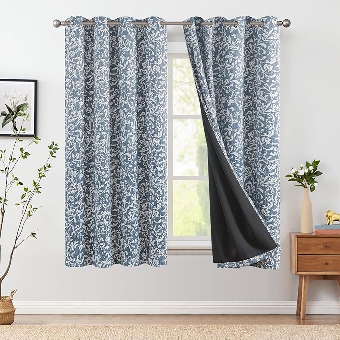 jinchan Blackout Curtains for Bedroom, Blue Scroll Floral Patterned Curtains 63 Inch Length for Living Room, Farmhouse Vintage Art Deco Drapes, Thermal Insulated Window Curtains Grommet 2 Panels