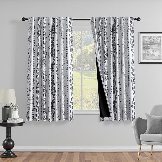 MEETSKY Boho Blackout Leaves Patterned Curtains 63 Inch Long 2 Panels Set for Bedroom, Room Darkening Dark Grey Drapes for Living Room, Thermal Insulated Rod Pocket Back Tab Window Treatment, 50"Wide