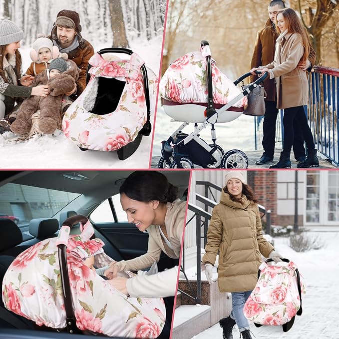 Car Seat Cover Baby, HNHUAMING Infant Car Seat Covers Canopy for Baby Girl Boy, Cozy & Windproof Newborn Carseat Covers Mink Dot Backing Stroller Cover with Breathable Mesh Window, Pink Flower