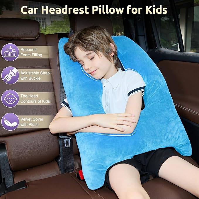 Car Pillow for Kids, Travel Pillow with Adjustable Strap, Kids Floor Pillows Cushions for Adults and Children to Support Head and Body Road Trip Essentials (Blue)