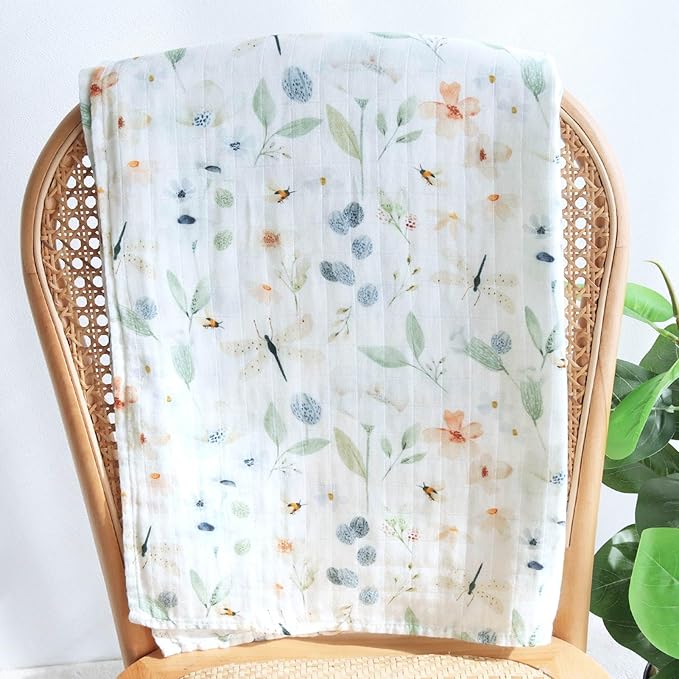 LifeTree Baby Swaddle Blankets, Muslin Swaddle Blankets Boys Girls Swaddling Wrap Receiving Blanket for Newborn, 70% Viscose Bamboo and 30% Cotton, Large 47" x 47", BlueFloral Pattern