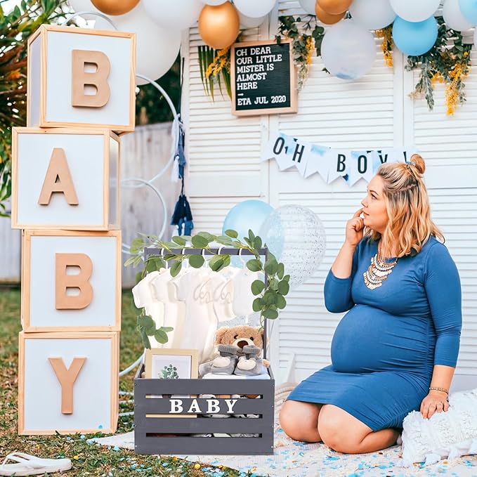Barydat Wooden Baby Shower Crate Closet, Baby Basket with Handle, Personalized Basket Gifts, Easy Assembly Baskets for Newborn Boy Girl Welcome Gift for New Mom Parents(Gray)