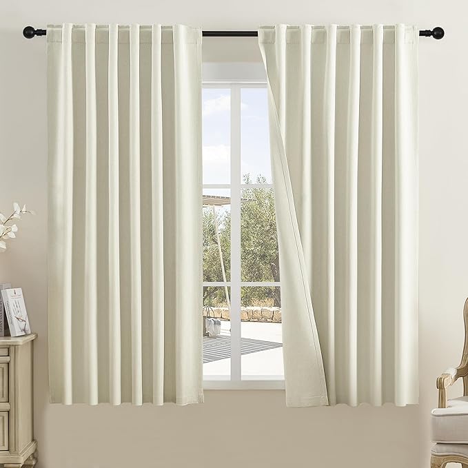 DUALIFE Beige Curtains 72 Inch Length 2 Panels Set-Faux Linen Textured Back Tab Loop Hook Belt Pleated Tall Drapes for Living Room Dining,50 Wide x 72 Long, 6 FT