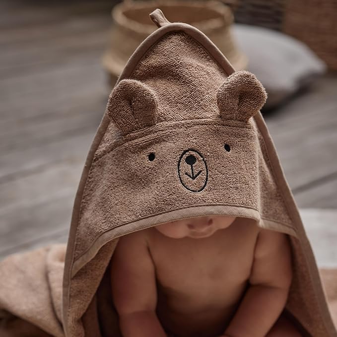 Baby Hooded Towel – Organic Cotton Baby Bath Towels, 32" x 32" Super-Soft and Absorbent Baby Towels for Newborn 2-Pack (Rabbit Grey/Bear Natural)