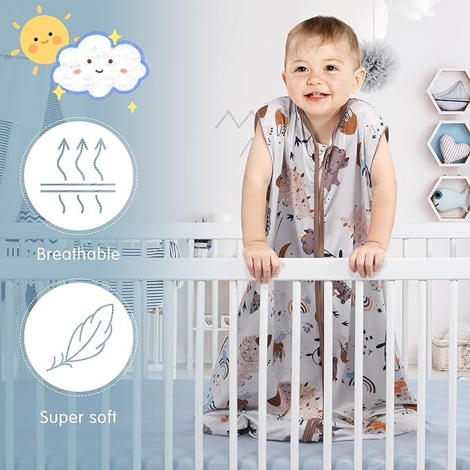 BSTOPPT 3 Pack Baby Sleep Sack 100% Rayon Cotton Baby Sleeping Bag 2-Way Zipper Toddler Wearable Blankets TOG 0.3. (Fox&Dinosaurs&Dark gray, 18-24 Months)