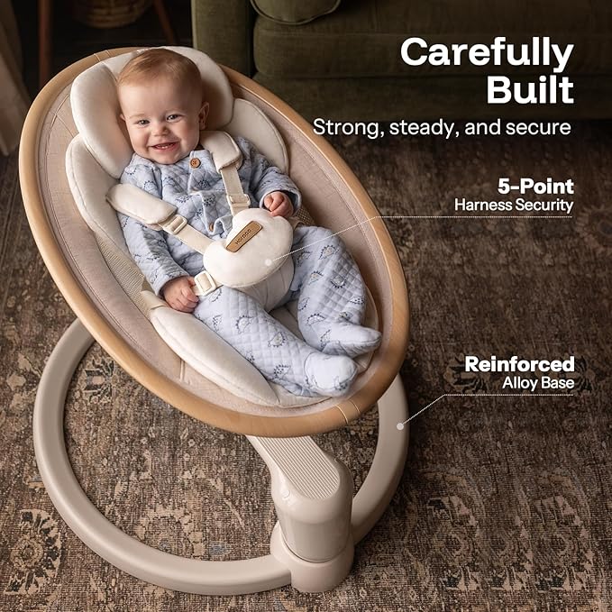HARPPA Electric Baby Swing for Infants 0–6 Months, Baby Swing with Toy Bar and Sounds, Remote Control, 5 Speeds, 2 Seat Positions & 180° Rotation for Indoor Use, Warm Sand