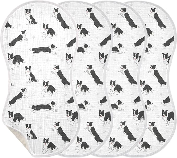Qinllo 4 Pack Muslin Burp Cloths Collie Dog Paw White Cotton Baby Burp Cloths Extra Absorbent and Soft Burping Cloth for Newborn Babies Boys Girls 22x11 Inch
