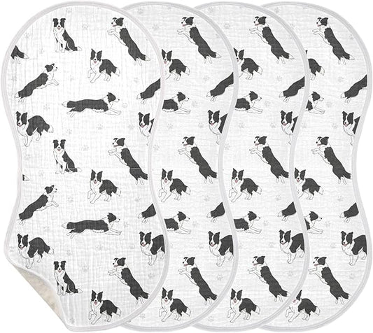 Qinllo 4 Pack Muslin Burp Cloths Collie Dog Paw White Cotton Baby Burp Cloths Extra Absorbent and Soft Burping Cloth for Newborn Babies Boys Girls 22x11 Inch