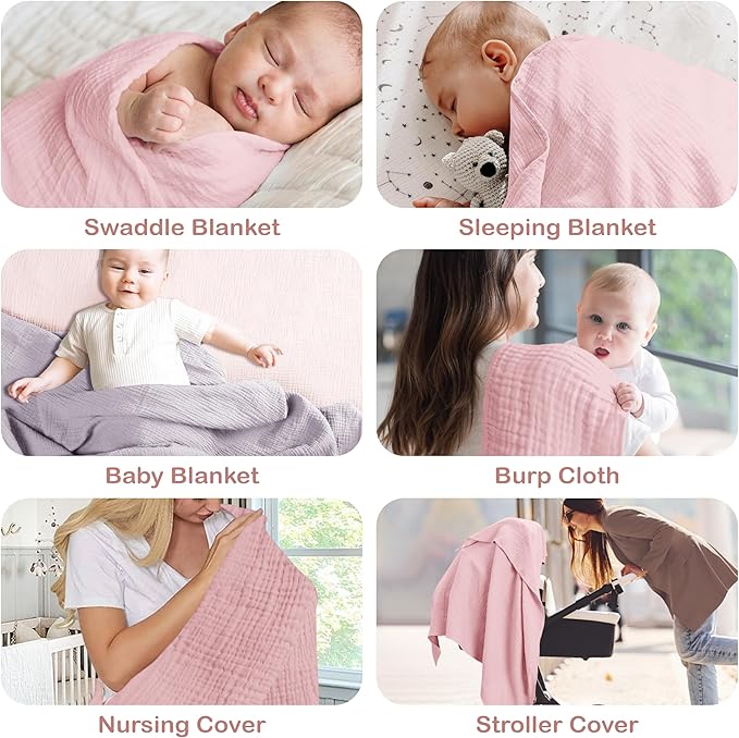 100% Organic Cotton Muslin Baby Blanket - 47 x 47 Inch Breathable Baby Swaddle Blanket, Hypoallergenic Double-Layer, Soft Newborn Baby Blanket for Everyday Use (Light Pink/Light Purple)