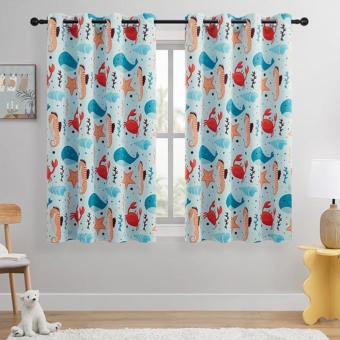 Kids Blackout Curtains - Ocean Whale Design, 100% Blackout, 2 Panels, Each W52×L63, Thermal Insulated for Bedroom, Noise Reducing, Excellent Colorfastness, Dive into an underwater adventure