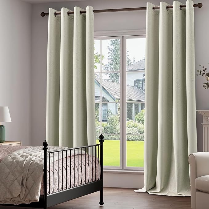 100% Blackout Linen Textured Curtains 90 Inch Length 2 Panels Set for Living Room, Bedroom, Light Weight Curtains with Grommets Top, Full Blackout Curtains Privacy Protection, Beige, 52" W x 90" L