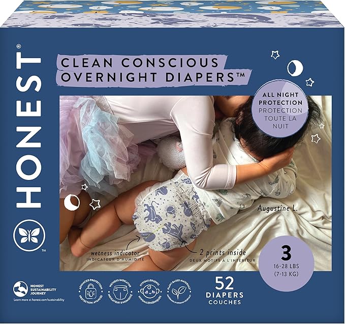The Honest Company Comfort Dry Disposable Overnight Diapers for Sensitive Skin, Hypoallergenic, Baby Cozy Cloud and Star Signs Design Club Box Size 3 (16–28 lbs) 52 Count