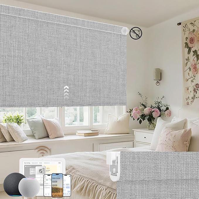 Kincmo No Drill Motorized Blinds with Remote, 100% Blackout Roller Shades for Windows, Custom Electric Blinds Compatible with Alexa, Apple Homekit, Google Home (100% Blackout Dual Sided Grey)