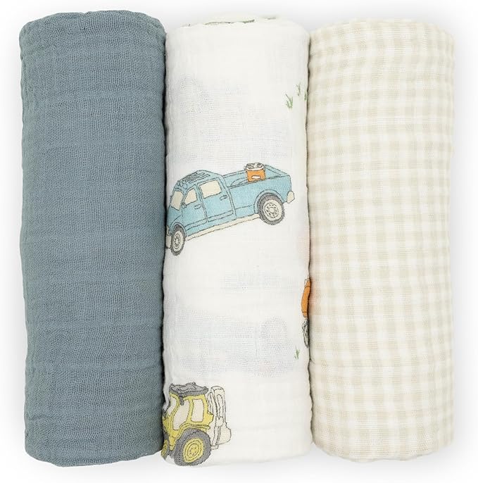 Little Unicorn Premium Muslin Swaddle Blanket 3 Pack | for swaddling, Play, Nursing & More | Giftable Set of 3 (Work Trucks)