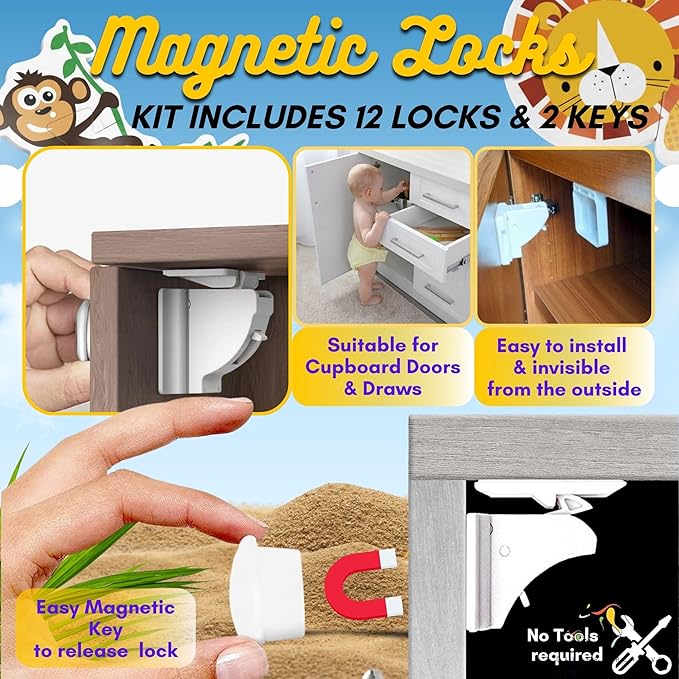 Child Safety Kit - 67 Pack Baby Proofing Essentials | Magnetic Cabinet Locks, Power Point Outlet Covers, Clear Corner Protectors, Strap Locks, Finger Pinch Guards | Bonus Bath Toys