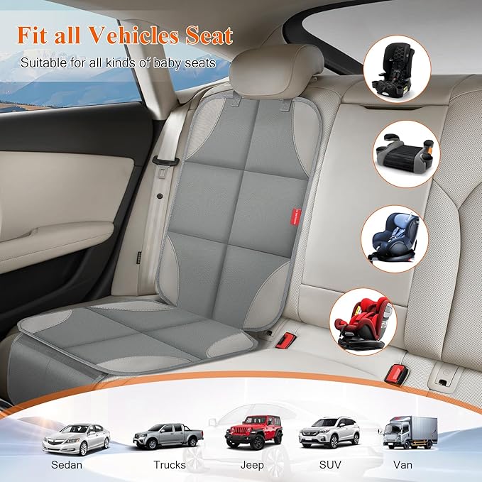 Car Seat Protector for Child Car Seat, Waterproof Durable 600D Fabric Car Seat Cover with Padding, Non-Slip Backing Mesh Pockets for Baby and Pet