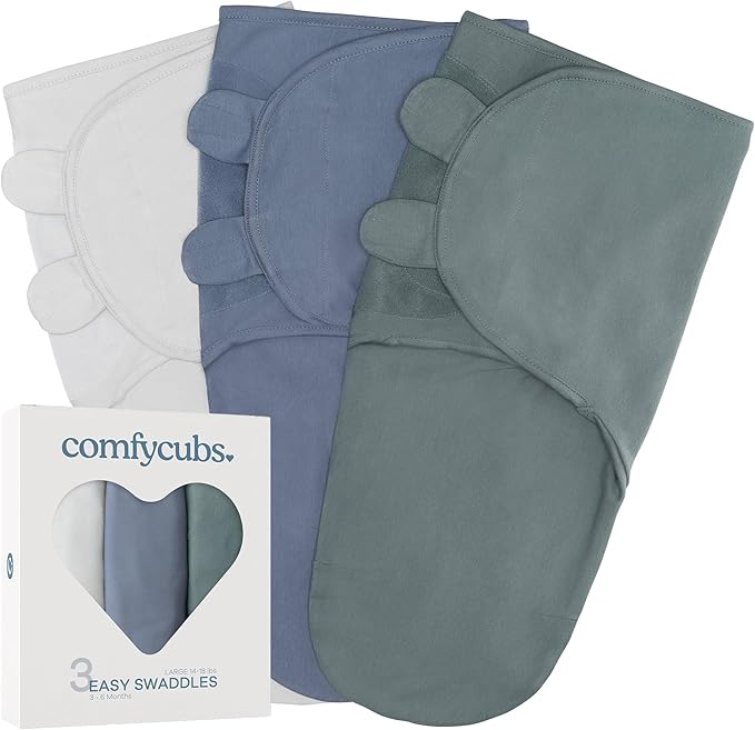 Comfy Cubs Easy Swaddle Blanket, 3 Pack - 100% Cotton Newborn Wrap, Large for 3-6 Months Infants, with Adjustable Velcro, Breathable and Durable Sleep Sack for Babies - Stone, Nomadic Blue & Azul