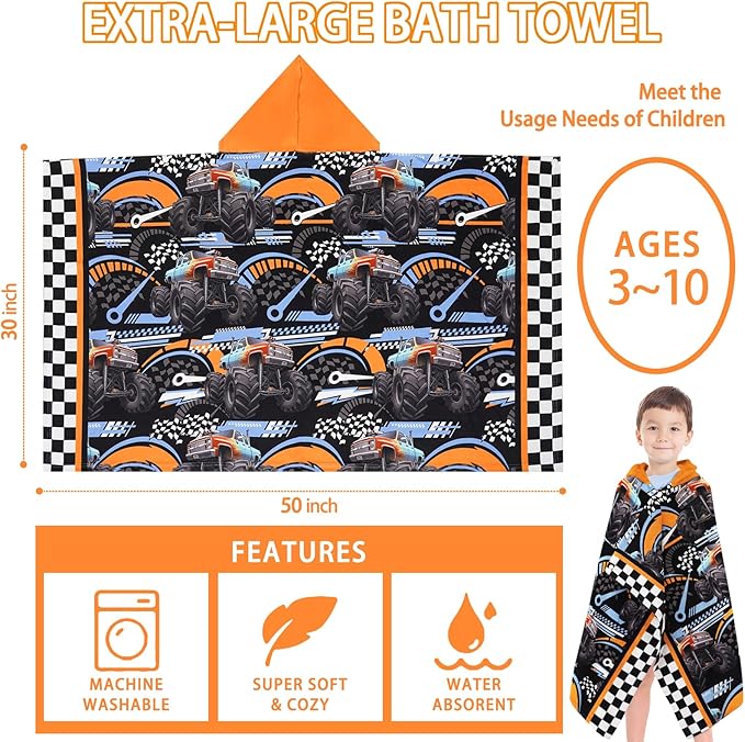 Hooded Poncho Towels for Kids - Ultra Soft 100% Cotton Truck Toddler Hood Bath Towels/Pool Terry Towel Beach Poncho Wrap Absorbent Cute Bath & Swim Wrap Gift for Boys & Girls 3-10 Years - Black