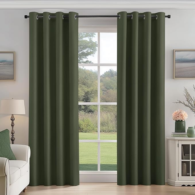 FMFUNCTEX 100% Blackout Curtains for Bedroom, Olive Green Curtains 63 Inches Long Textured Thermal Insulated Curtains for Living Room Drapes, Black Out Drapery Grommet Room Darkening 2 Panels