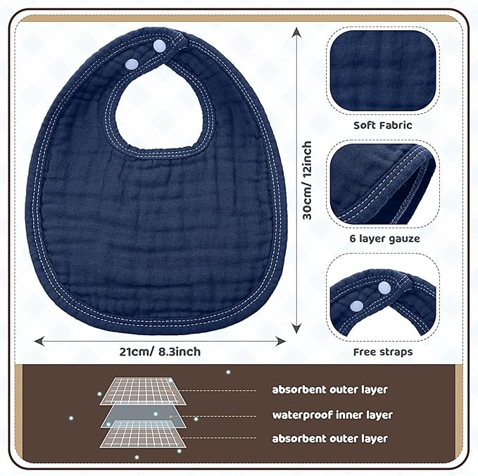 Frienda 8 Pcs Muslin Baby Bibs Cotton Bandana Drool Bibs Bulk for Newborn Infant 6 Absorbent Layers Feeding Accessory