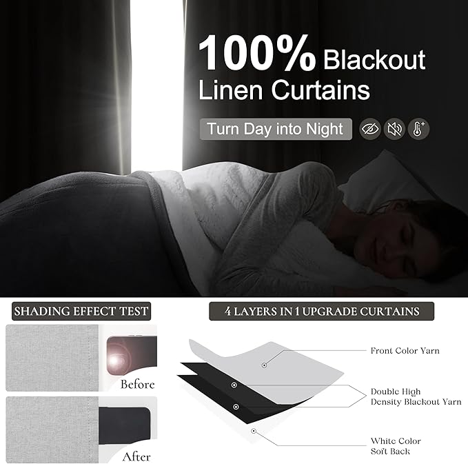 Light Grey Black Out Curtains 90 Inch Long for Living Room, Pinch Pleated Flax Linen Modern Insulated Drapes with Hooks Bedroom Curtain 2 Panels Set Soundproof Privacy Windows (40"Wx90"Lx2 Light Gray)