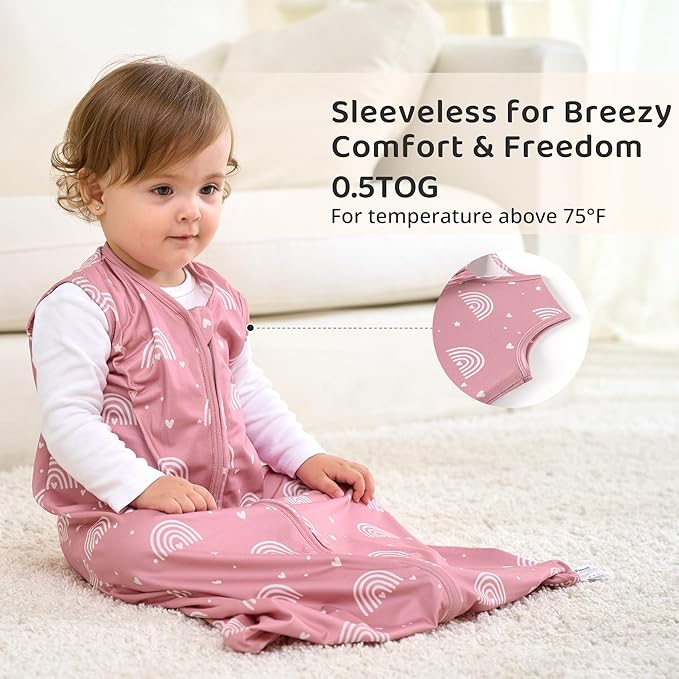 FIEMOL Baby Sleep Sack 12-18 Months, 0.5 TOG Wearable Blanket for Baby Boy and Girl, 2-Way Zipper Toddler Sleeping Bag 2 Pack, Lightweight Sleep Sacks Pink Rainbow（Large）