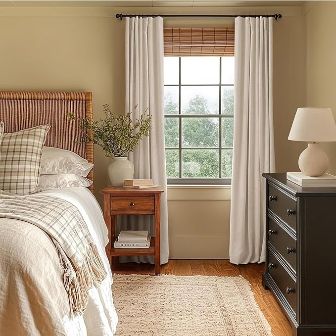 INOVADAY 100% Blackout Curtains for Bedroom, Black Out Curtains 90 Inch Long, Clip Rings Linen Blackout Drapes, Thermal Insulated Room Darkening for Living Room, 2 Panels - Oatmeal,W50xL90