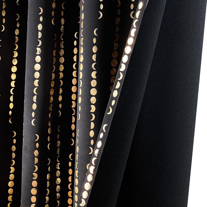 jinchan 95% Blackout Curtains 63 Inch Long for Bedroom Boho Curtains Moon Phases Printed Golden on Black Drapes Rod Pocket Back Tab Darkening Retro Bedroom Pattern Curtains 2 Panels