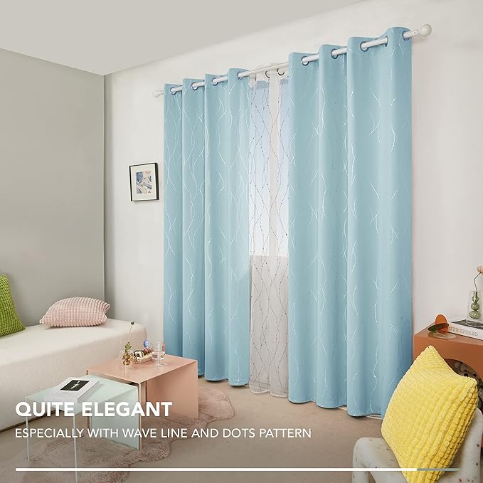 Deconovo Blackout Curtains, Thermal Insulated Soundproof Grommet Drapes, Wave Dot Foil Print, 52 x 84 Inch, Set of 2, Machine Washable Window Panel for Bedroom Living Room Nursery Kitchen, Light Blue