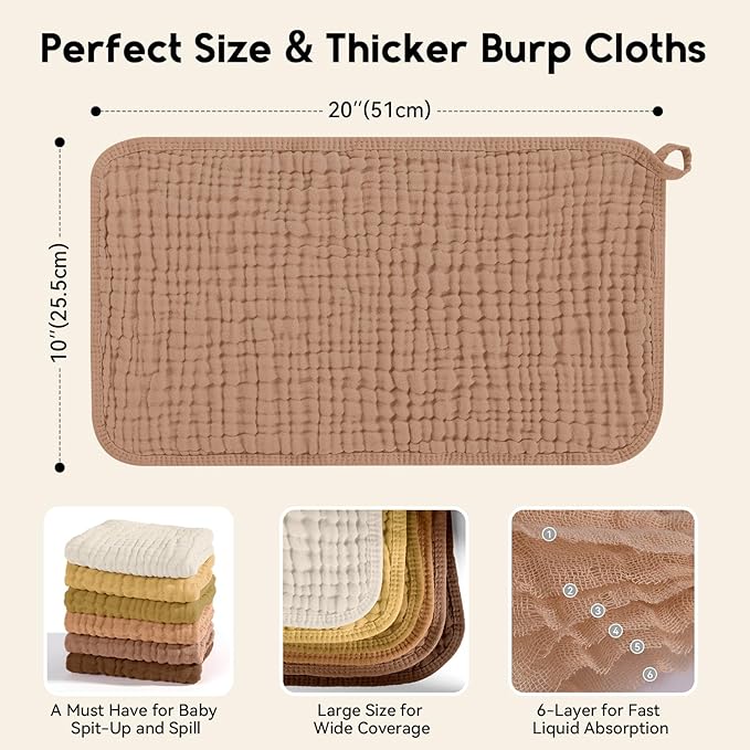 Unnivoll Muslin Burp Cloths for Baby 100% Cotton Burping Cloths for Boys Girls Large 20''X10'' Extra Soft and Absorbent 12 Pack - Gradient Brown