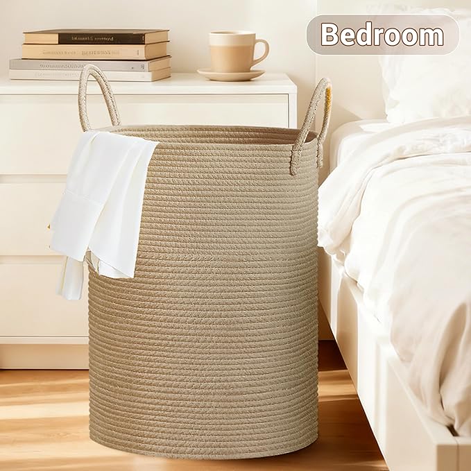 Tall Laundry Basket with Handles, 100L Portable Dirty Clothes Hamper, Boho Cotton Rope Storage Bin for Blankets Kids Toys Gifts, Extra Large Organizer for Baby Nursery Bedroom Bathroom, Jute