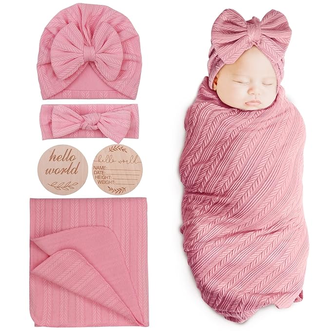 DRESHOW BQUBO Baby Swaddle Blankets for Girls, 4PCS Newborn Accessories Set with Hat and Bow Headband with Hello World Wooden Birth Announcement Card, Baby Blankets for Girls