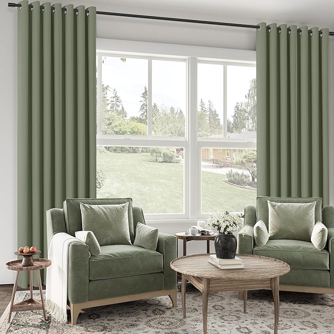 ChrisDowa 100% Blackout Sage Green Solid Curtains 102 Inches Long 2 Panels for Bedroom Living Room,Farmhouse Room Darkening Thermal Insulated Soundproof Grommet Top Window Treatment Drapes,52x102