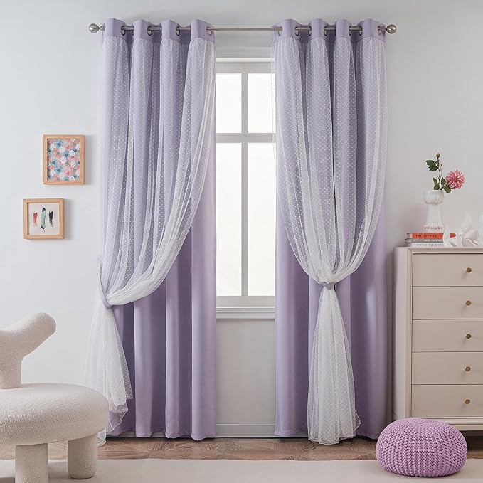 MYSKY HOME Cute Lilac Curtains for Girls Bedroom & Nursery Kids Purple Lavender Blackout 90 Inch Curtains Double Layer with Polka Dots Sheer, Grommet Tops, 52" Wide, 2 Panels