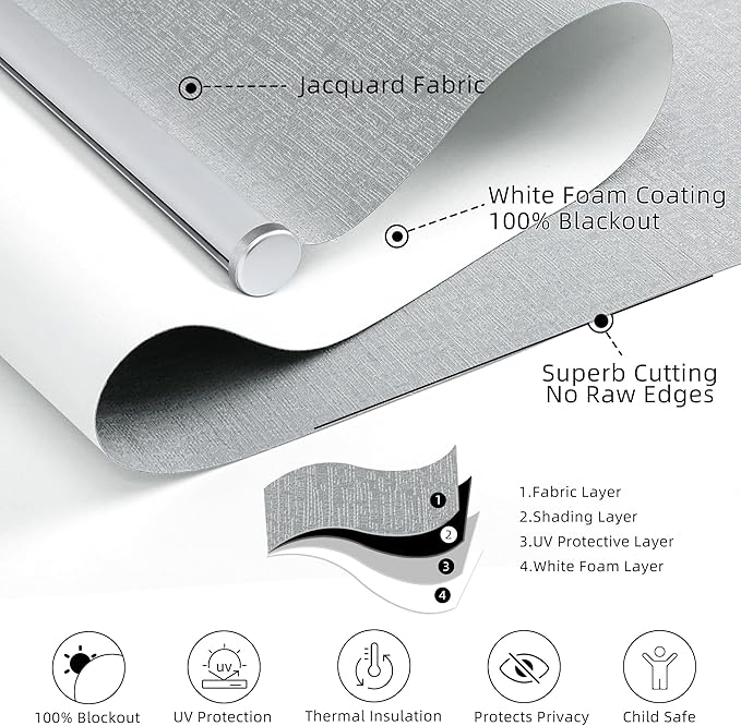 ChrisDowa Cordless 100% Blackout Roller Shade, with Striped Jacquard, Thermal Insulated, UV Protection Fabric, Total Blackout Blinds for Window, French Doors, Home and Office. Light Grey, 30"W x 72"H