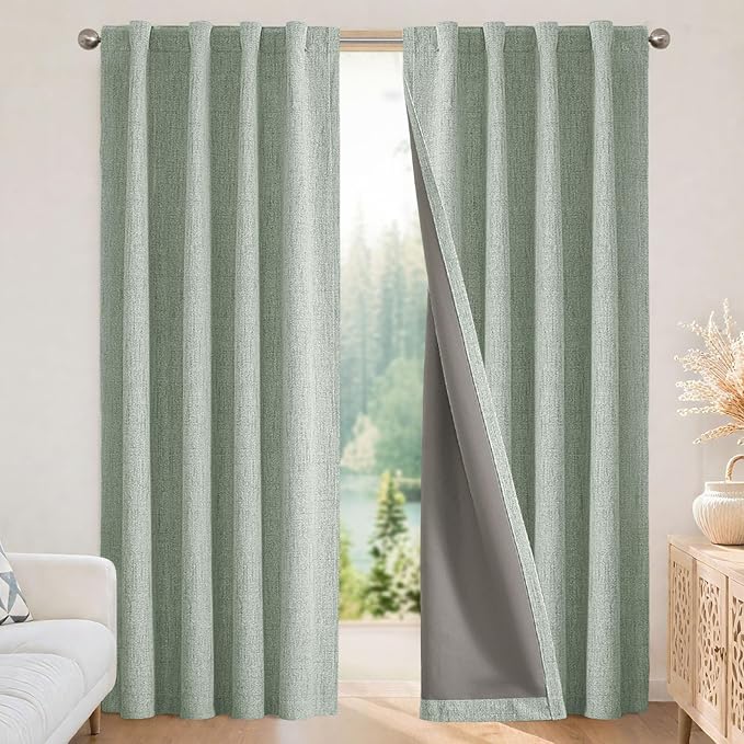 Joydeco Linen Blackout Curtains for Bedroom - 100% Light Blocking 1 Panels, Sage Green Drapes 100" W x 108" L, Thermal Insulated Room Darkening Curtains for Living Room, Rod Pocket & Back Tabs