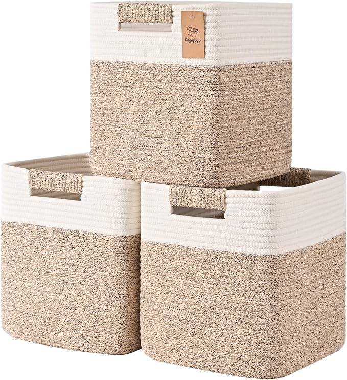 13 Inch Storage Cubes, 3 Pack Cube Storage Bins for Organizing, Cotton Rope Woven Baskets for Shelves, Bathroom, Kids Room, Closets, Baby Nursery