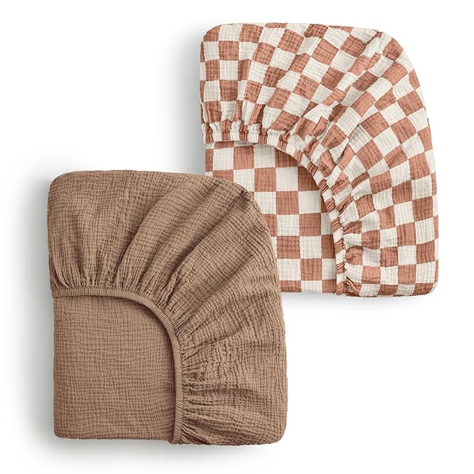 Blissful Diary Muslin Changing Pad Cover for Girls Boys, Ultra Soft Breathable Cotton, Baby Diaper Change Table Pad Covers, 2Pack (Checkered Brown & Brown)
