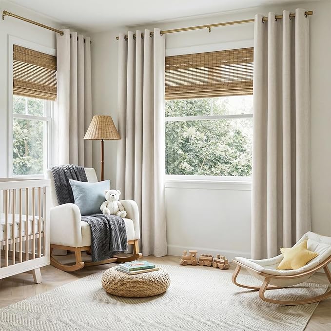 100% Blackout Shield Linen Blackout Curtains for Bedroom, Beige Grommet Curtains for Living Room, Thermal Insulated Room Darkening Drapes for Nursery, Boho Home Decor, 50" W x 108" L, 2 Panels