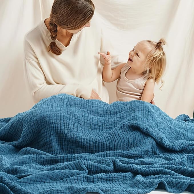 Carriediosa 100% Cotton Muslin Throw Blanket 108" X 90" King Size，4-Layers Summer Gauze Throws for Bed Couch，Soft Lightweight Breathable Linen Blankets Bedspread for Adults All Season，Dusty Blue
